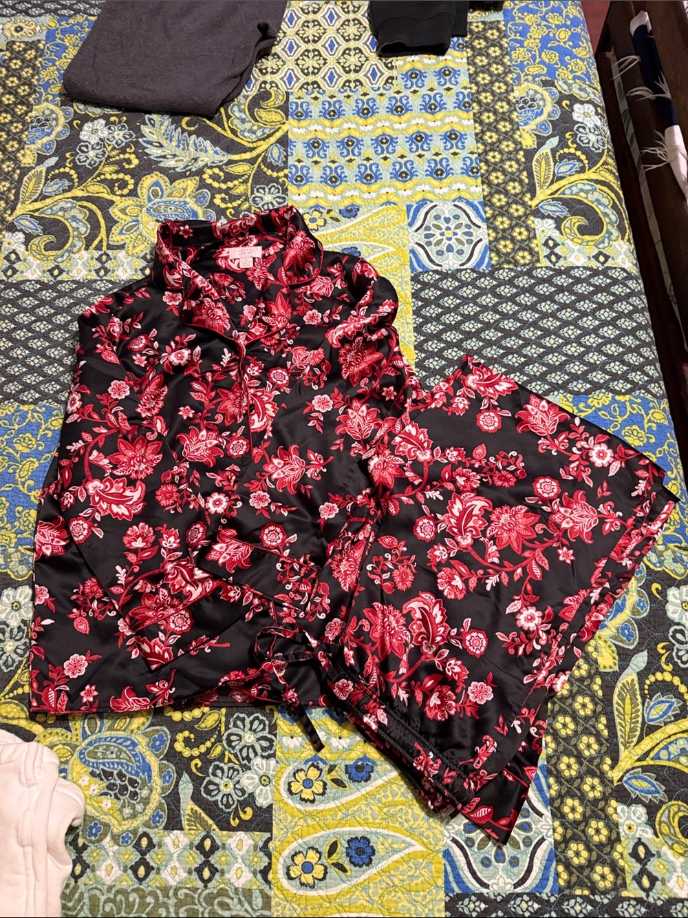 Cabernet Black Satin Pajama Set with Red Floral Print